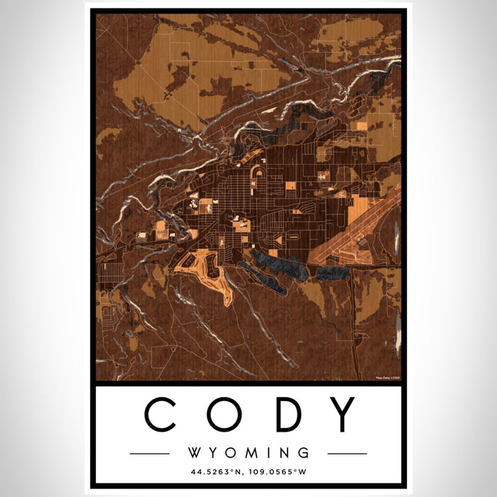 Cody Wyoming Map Print Portrait Orientation in Ember Style With Shaded Background