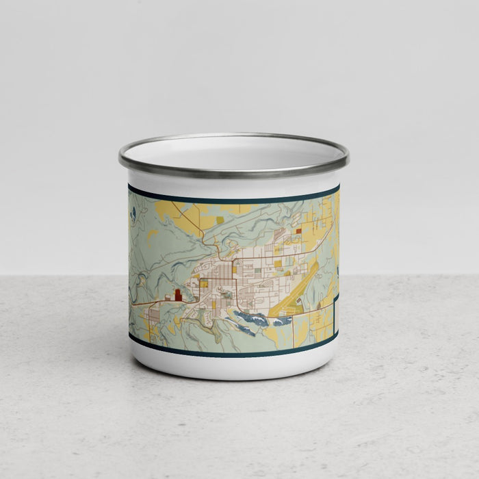 Front View Custom Cody Wyoming Map Enamel Mug in Woodblock