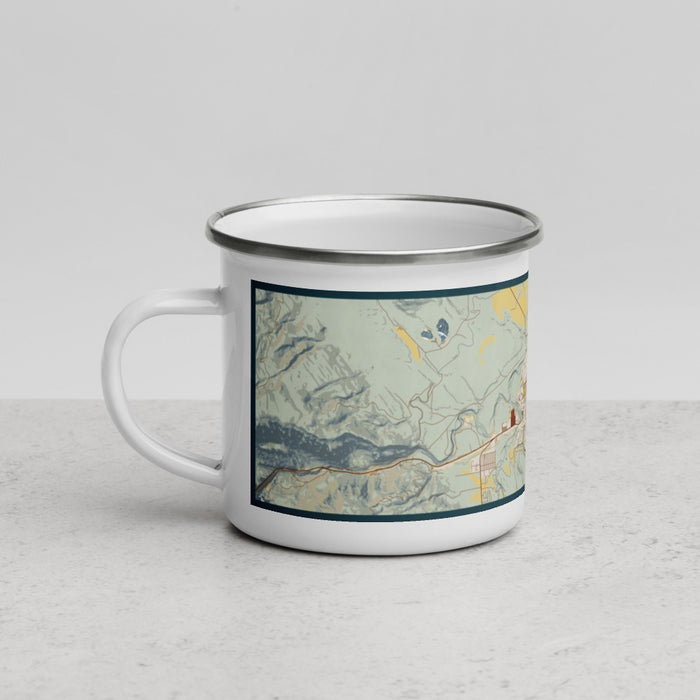 Left View Custom Cody Wyoming Map Enamel Mug in Woodblock