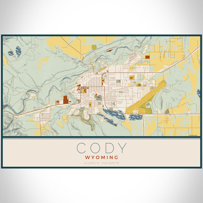 Cody Wyoming Map Print Landscape Orientation in Woodblock Style With Shaded Background