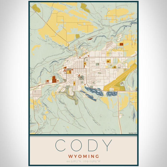 Cody Wyoming Map Print Portrait Orientation in Woodblock Style With Shaded Background