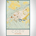 Cody Wyoming Map Print Portrait Orientation in Woodblock Style With Shaded Background