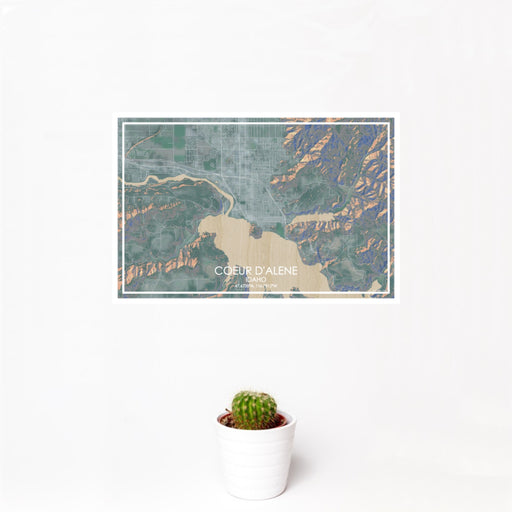 12x18 Coeur d'Alene Idaho Map Print Landscape Orientation in Afternoon Style With Small Cactus Plant in White Planter