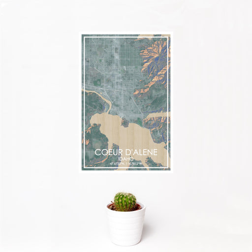 12x18 Coeur d'Alene Idaho Map Print Portrait Orientation in Afternoon Style With Small Cactus Plant in White Planter