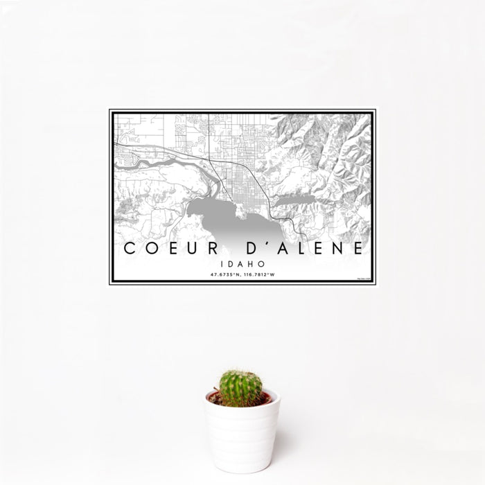 12x18 Coeur d'Alene Idaho Map Print Landscape Orientation in Classic Style With Small Cactus Plant in White Planter