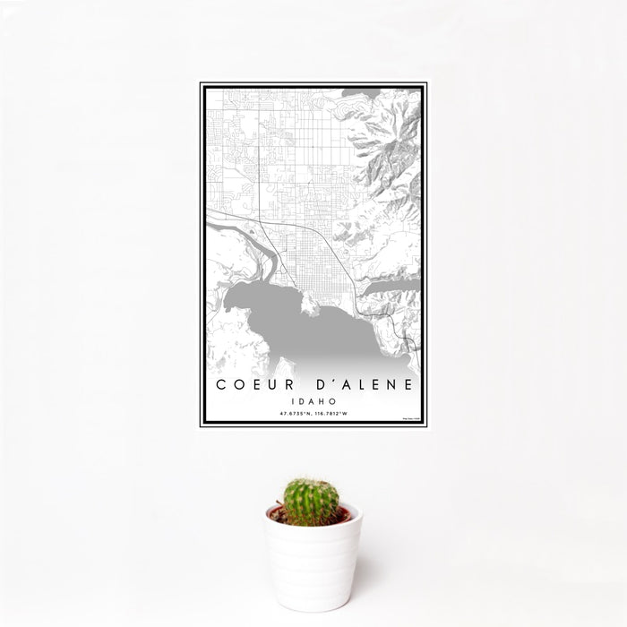 12x18 Coeur d'Alene Idaho Map Print Portrait Orientation in Classic Style With Small Cactus Plant in White Planter