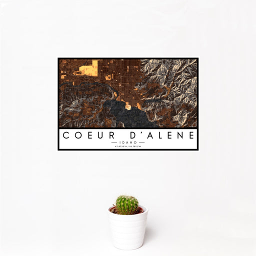 12x18 Coeur d'Alene Idaho Map Print Landscape Orientation in Ember Style With Small Cactus Plant in White Planter