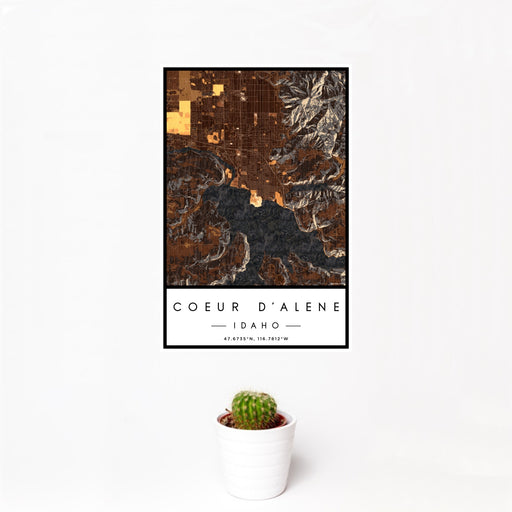 12x18 Coeur d'Alene Idaho Map Print Portrait Orientation in Ember Style With Small Cactus Plant in White Planter