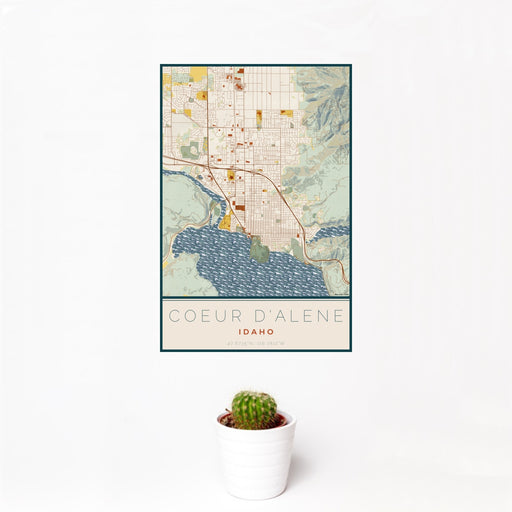 12x18 Coeur d'Alene Idaho Map Print Portrait Orientation in Woodblock Style With Small Cactus Plant in White Planter