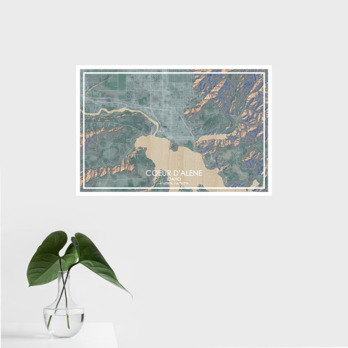 16x24 Coeur d'Alene Idaho Map Print Landscape Orientation in Afternoon Style With Tropical Plant Leaves in Water