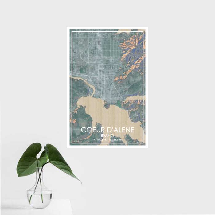 16x24 Coeur d'Alene Idaho Map Print Portrait Orientation in Afternoon Style With Tropical Plant Leaves in Water