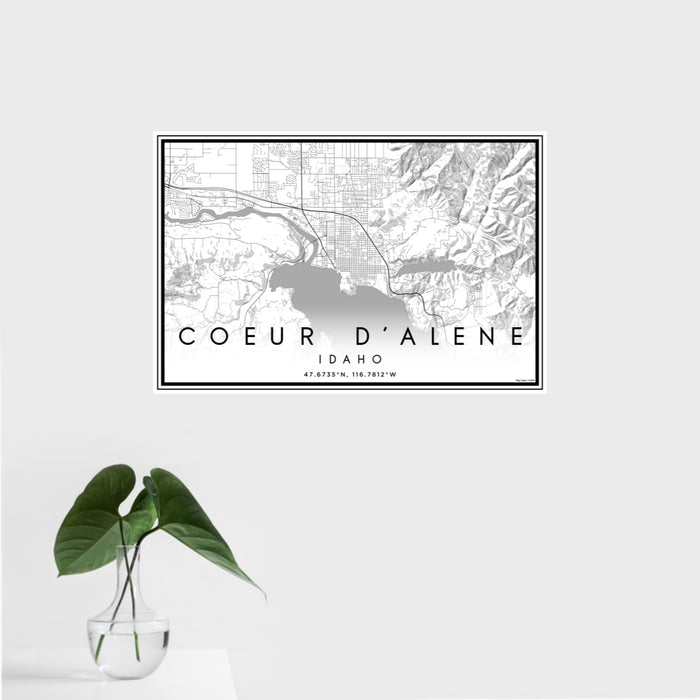 16x24 Coeur d'Alene Idaho Map Print Landscape Orientation in Classic Style With Tropical Plant Leaves in Water