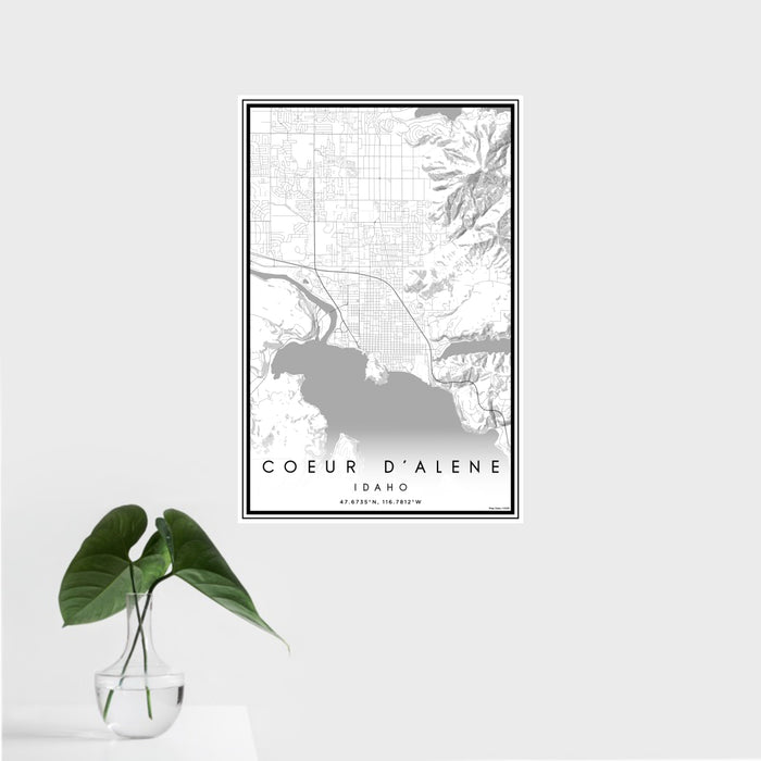 16x24 Coeur d'Alene Idaho Map Print Portrait Orientation in Classic Style With Tropical Plant Leaves in Water