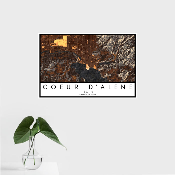 16x24 Coeur d'Alene Idaho Map Print Landscape Orientation in Ember Style With Tropical Plant Leaves in Water