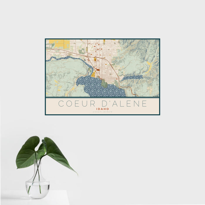16x24 Coeur d'Alene Idaho Map Print Landscape Orientation in Woodblock Style With Tropical Plant Leaves in Water