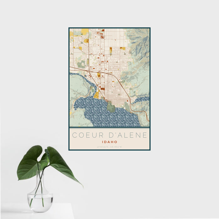 16x24 Coeur d'Alene Idaho Map Print Portrait Orientation in Woodblock Style With Tropical Plant Leaves in Water