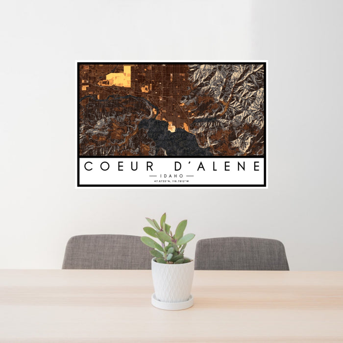 24x36 Coeur d'Alene Idaho Map Print Lanscape Orientation in Ember Style Behind 2 Chairs Table and Potted Plant