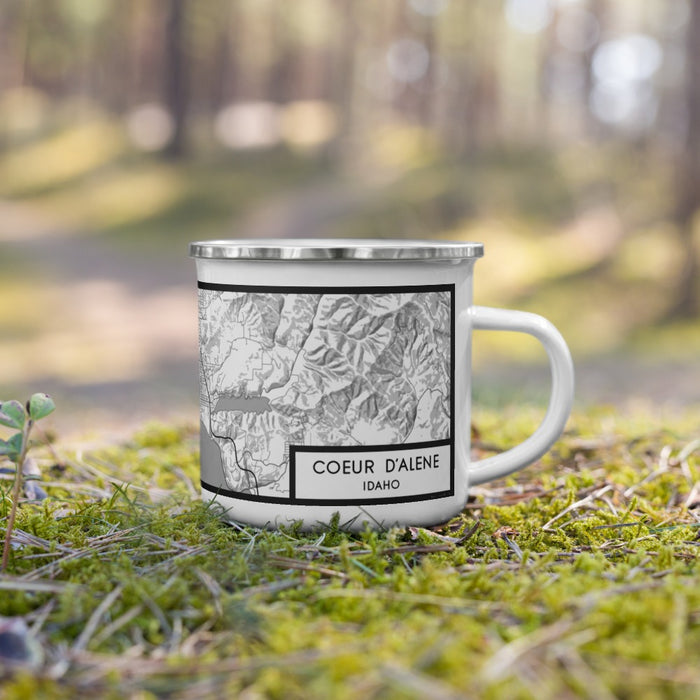 Right View Custom Coeur d'Alene Idaho Map Enamel Mug in Classic on Grass With Trees in Background