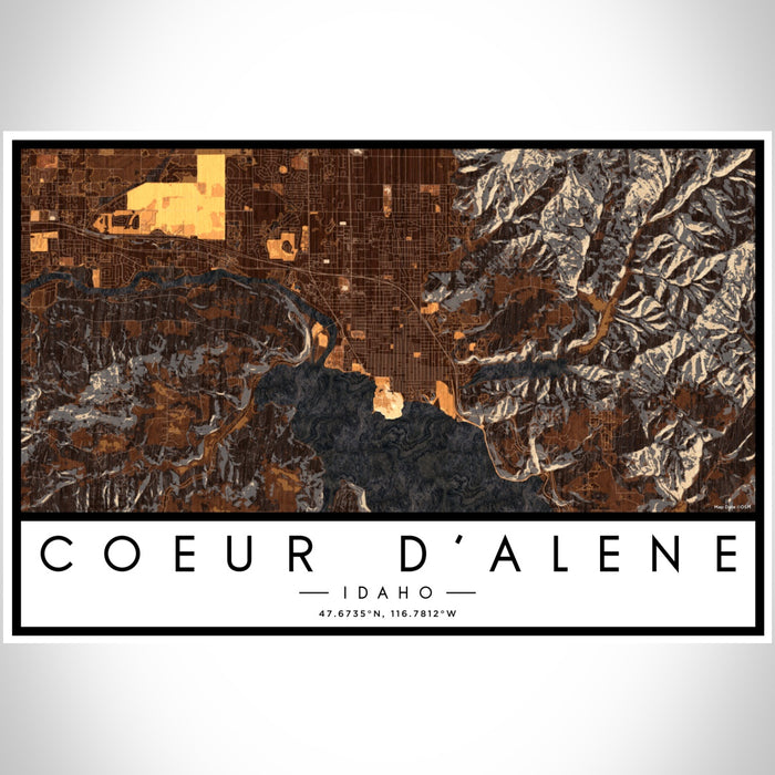 Coeur d'Alene Idaho Map Print Landscape Orientation in Ember Style With Shaded Background