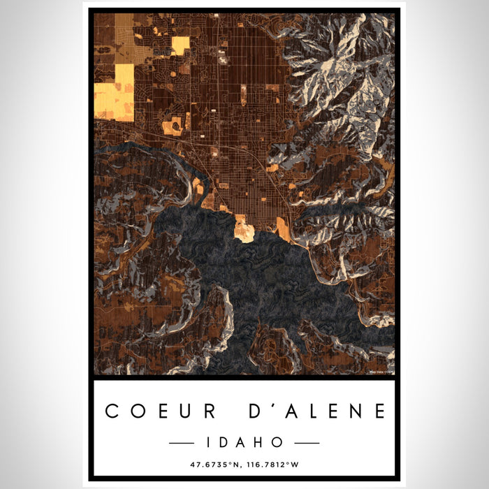 Coeur d'Alene Idaho Map Print Portrait Orientation in Ember Style With Shaded Background