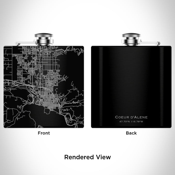 Rendered View of Coeur d'Alene Idaho Map Engraving on 6oz Stainless Steel Flask in Black