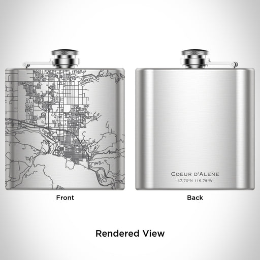 Rendered View of Coeur d'Alene Idaho Map Engraving on 6oz Stainless Steel Flask