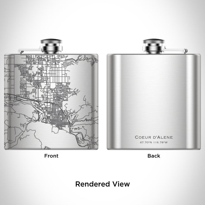 Rendered View of Coeur d'Alene Idaho Map Engraving on 6oz Stainless Steel Flask