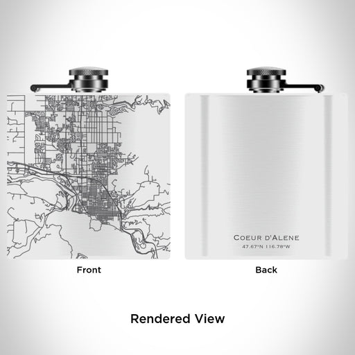 Rendered View of Coeur d'Alene Idaho Map Engraving on 6oz Stainless Steel Flask in White