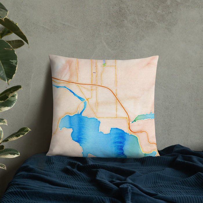 Custom Coeur d'Alene Idaho Map Throw Pillow in Watercolor on Bedding Against Wall