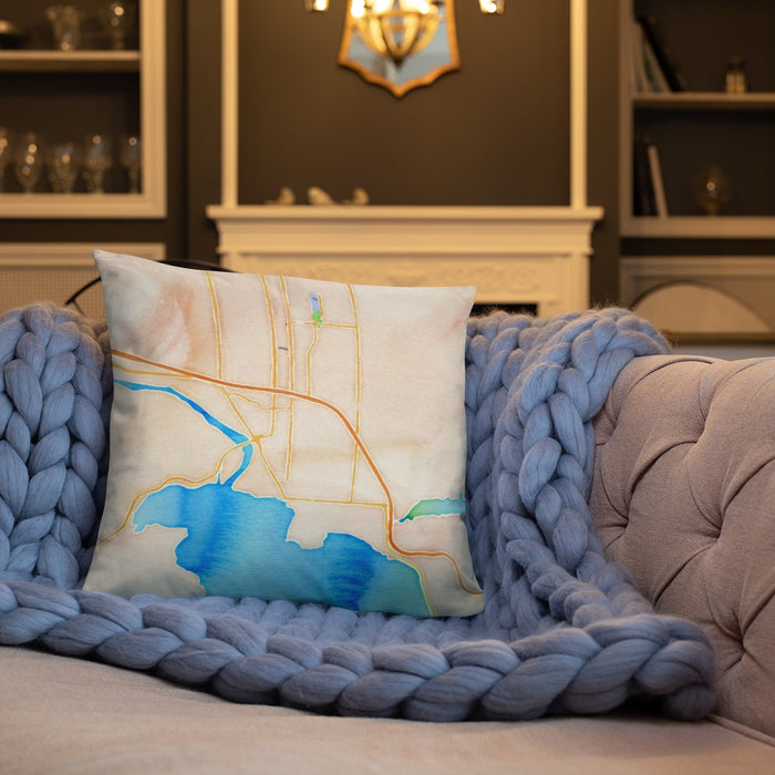 Custom Coeur d'Alene Idaho Map Throw Pillow in Watercolor on Cream Colored Couch