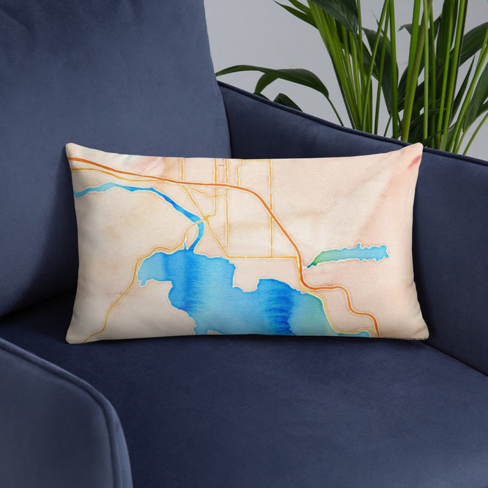 Custom Coeur d'Alene Idaho Map Throw Pillow in Watercolor on Blue Colored Chair