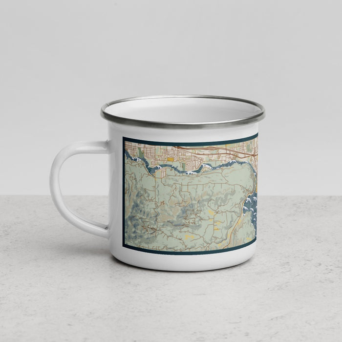Left View Custom Coeur d'Alene Idaho Map Enamel Mug in Woodblock