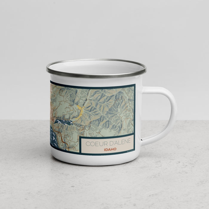 Right View Custom Coeur d'Alene Idaho Map Enamel Mug in Woodblock