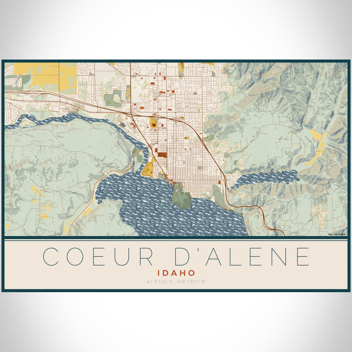 Coeur d'Alene Idaho Map Print Landscape Orientation in Woodblock Style With Shaded Background