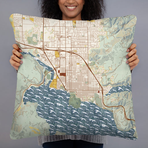 Person holding 22x22 Custom Coeur d'Alene Idaho Map Throw Pillow in Woodblock