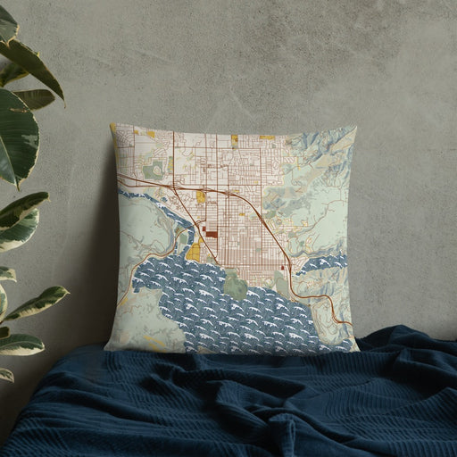 Custom Coeur d'Alene Idaho Map Throw Pillow in Woodblock on Bedding Against Wall