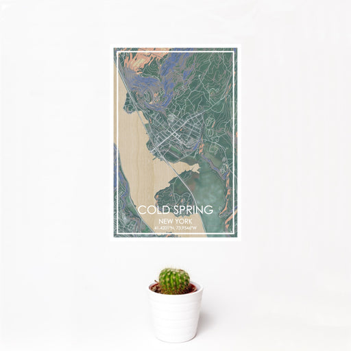 12x18 Cold Spring New York Map Print Portrait Orientation in Afternoon Style With Small Cactus Plant in White Planter
