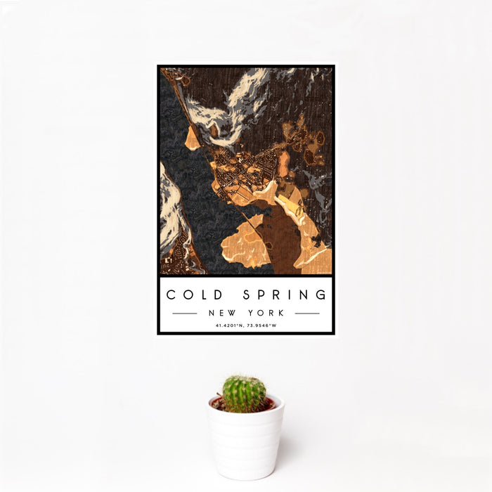 12x18 Cold Spring New York Map Print Portrait Orientation in Ember Style With Small Cactus Plant in White Planter
