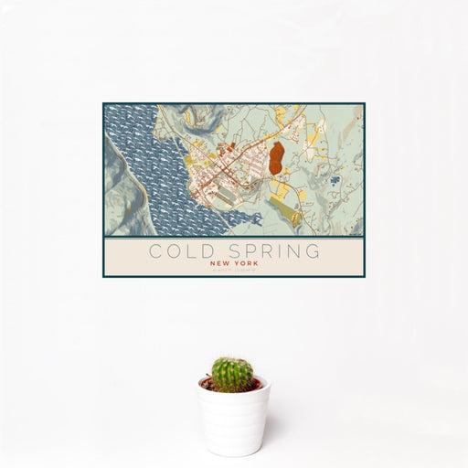 12x18 Cold Spring New York Map Print Landscape Orientation in Woodblock Style With Small Cactus Plant in White Planter