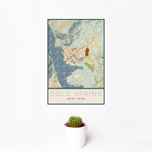 12x18 Cold Spring New York Map Print Portrait Orientation in Woodblock Style With Small Cactus Plant in White Planter