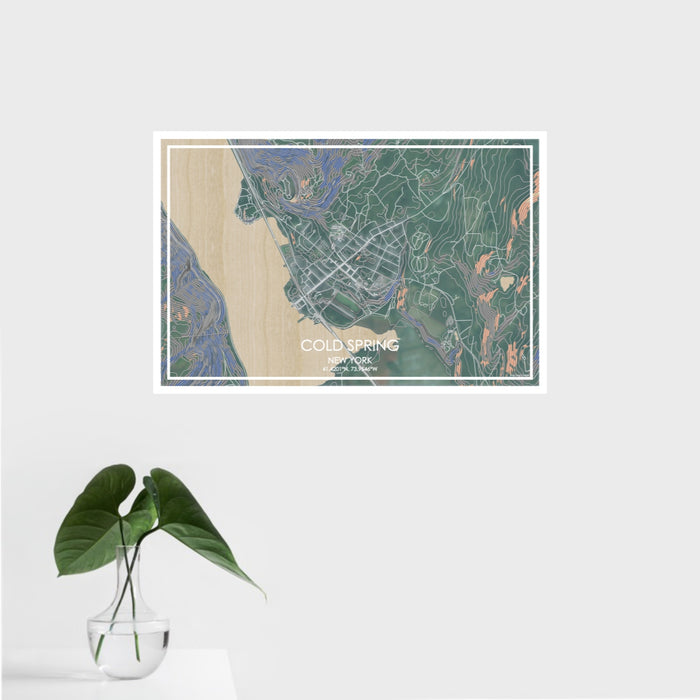16x24 Cold Spring New York Map Print Landscape Orientation in Afternoon Style With Tropical Plant Leaves in Water