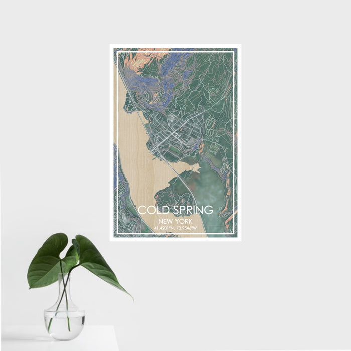 16x24 Cold Spring New York Map Print Portrait Orientation in Afternoon Style With Tropical Plant Leaves in Water