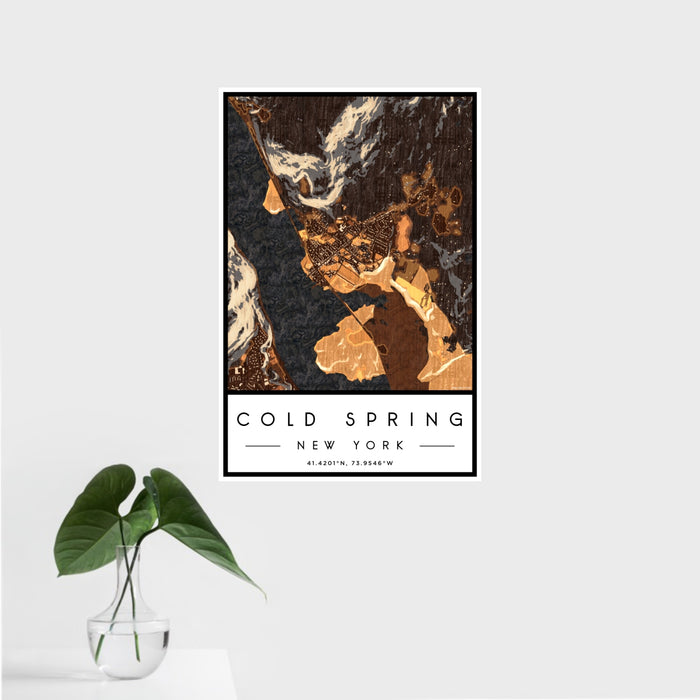 16x24 Cold Spring New York Map Print Portrait Orientation in Ember Style With Tropical Plant Leaves in Water