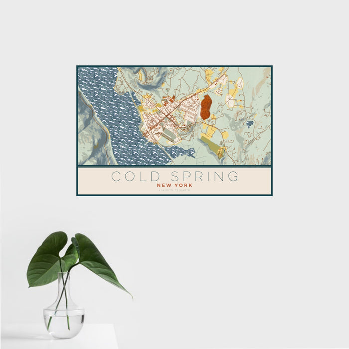 16x24 Cold Spring New York Map Print Landscape Orientation in Woodblock Style With Tropical Plant Leaves in Water