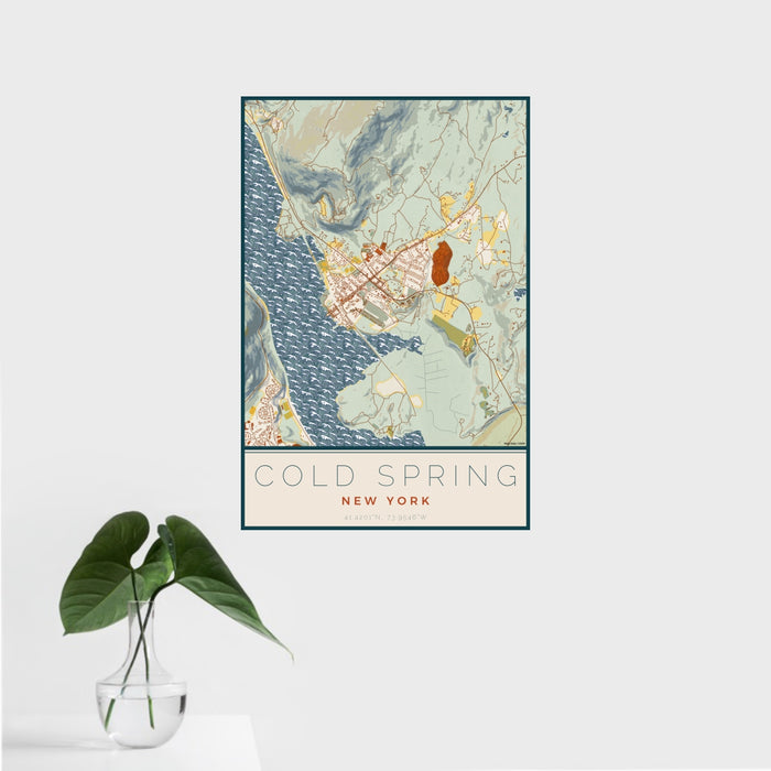 16x24 Cold Spring New York Map Print Portrait Orientation in Woodblock Style With Tropical Plant Leaves in Water