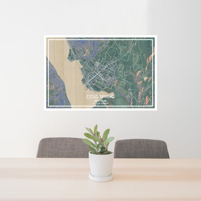 24x36 Cold Spring New York Map Print Lanscape Orientation in Afternoon Style Behind 2 Chairs Table and Potted Plant