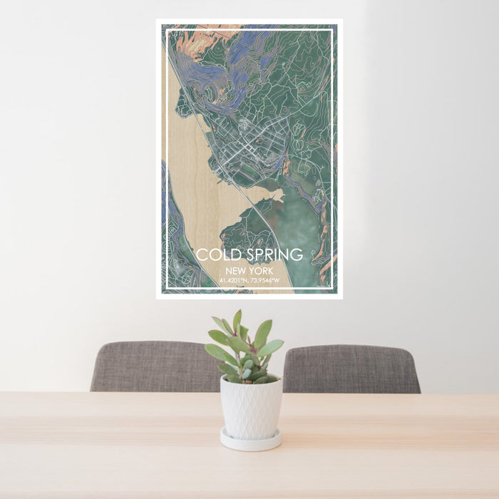24x36 Cold Spring New York Map Print Portrait Orientation in Afternoon Style Behind 2 Chairs Table and Potted Plant