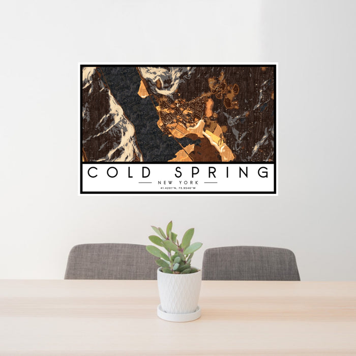 24x36 Cold Spring New York Map Print Lanscape Orientation in Ember Style Behind 2 Chairs Table and Potted Plant