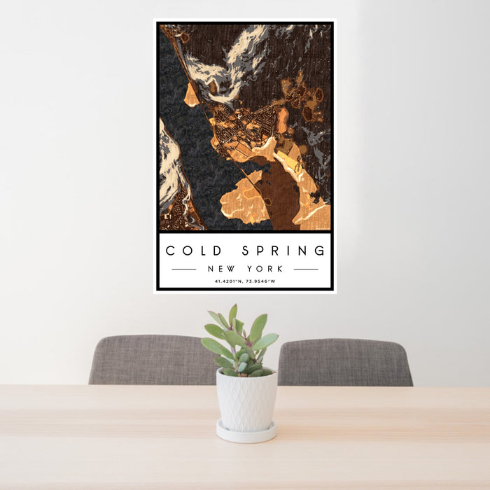 24x36 Cold Spring New York Map Print Portrait Orientation in Ember Style Behind 2 Chairs Table and Potted Plant