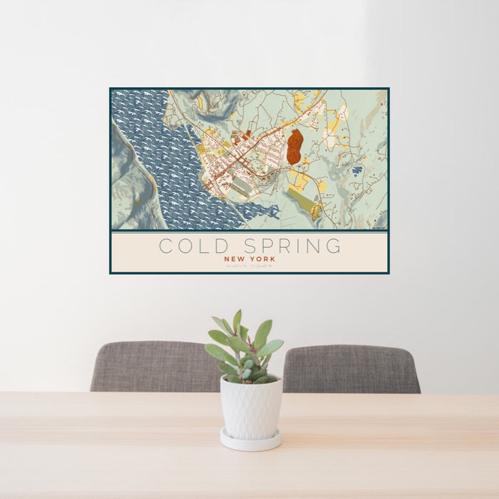 24x36 Cold Spring New York Map Print Lanscape Orientation in Woodblock Style Behind 2 Chairs Table and Potted Plant